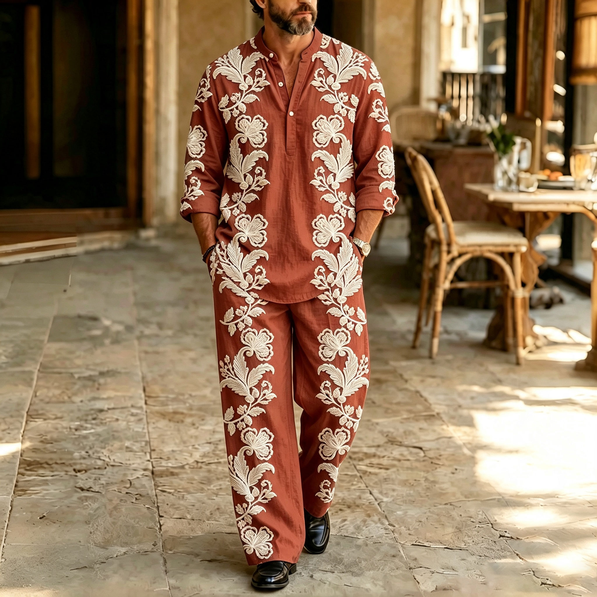 para hombre floral-Print Stand-Collar camisa polo and pantalón Set