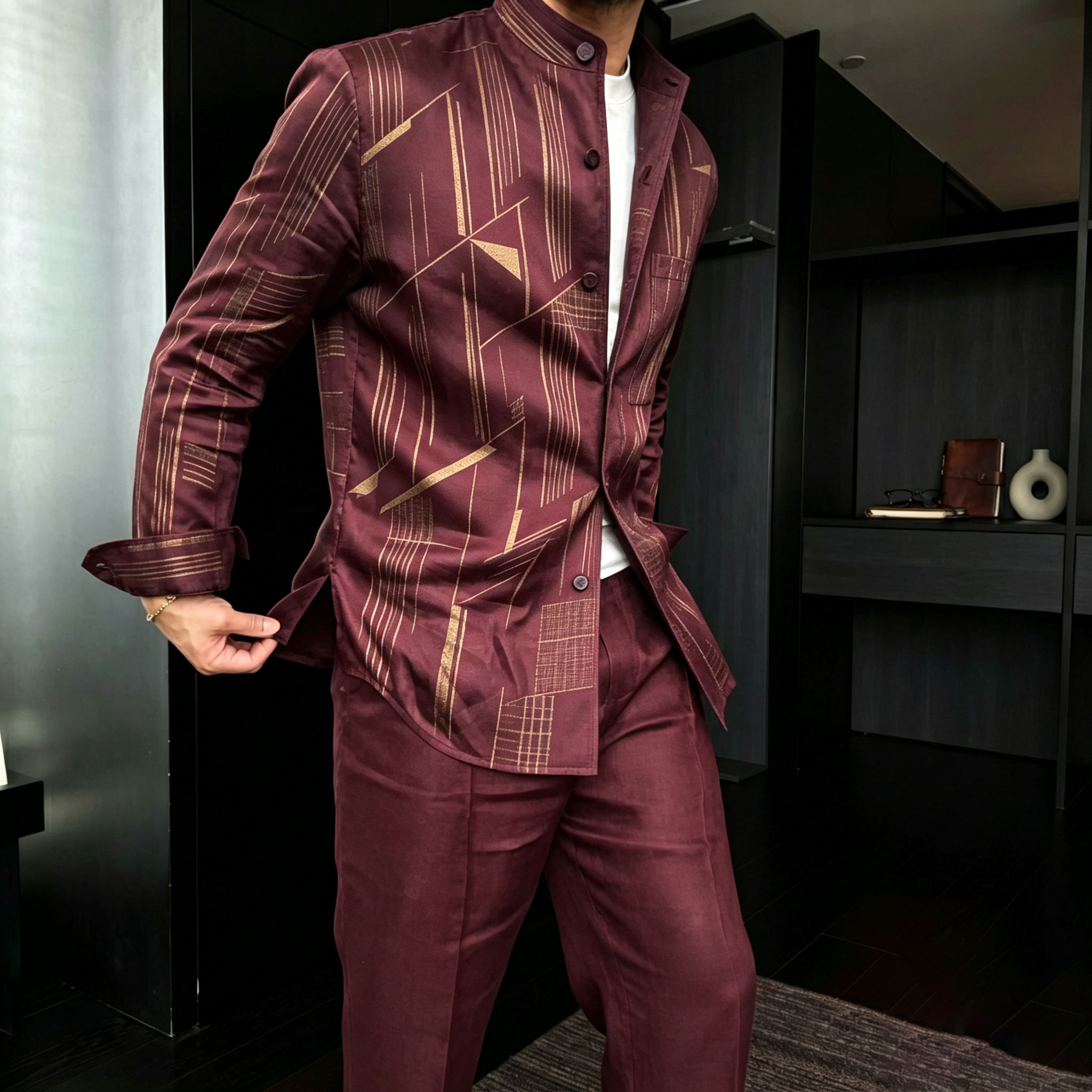 Conjunto de dos piezas casual : de manga larga camisa with Geometric estampado and Stand-Up Collar, and pantalón para hombre