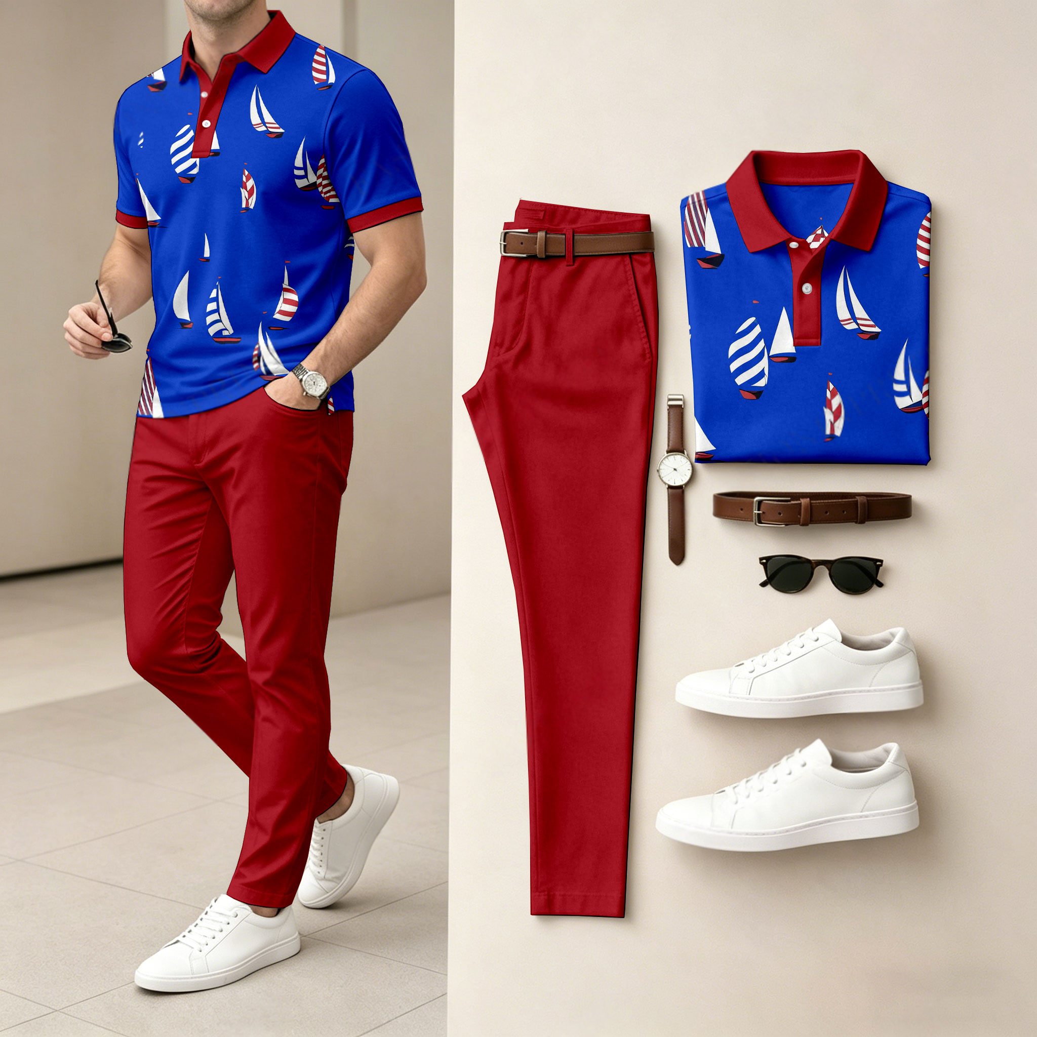 Camisa polo casual Blue-Based Boat estampado de manga corta And pantalón Set (Excludes Accessories Such As Watches And Belts) para hombre
