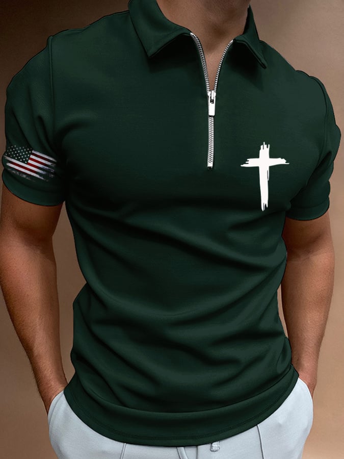 Camisa polo Flag Cross estampado casual para hombre