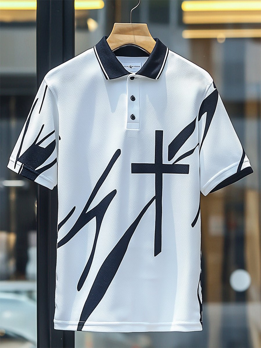 Camisa polo ejecutivo casual Cross estampado Button de manga corta para hombre