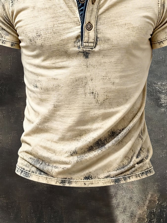 Retro Pure de algodón Washed desgastado Color-Blocked Henley cuello de manga corta Top para hombre