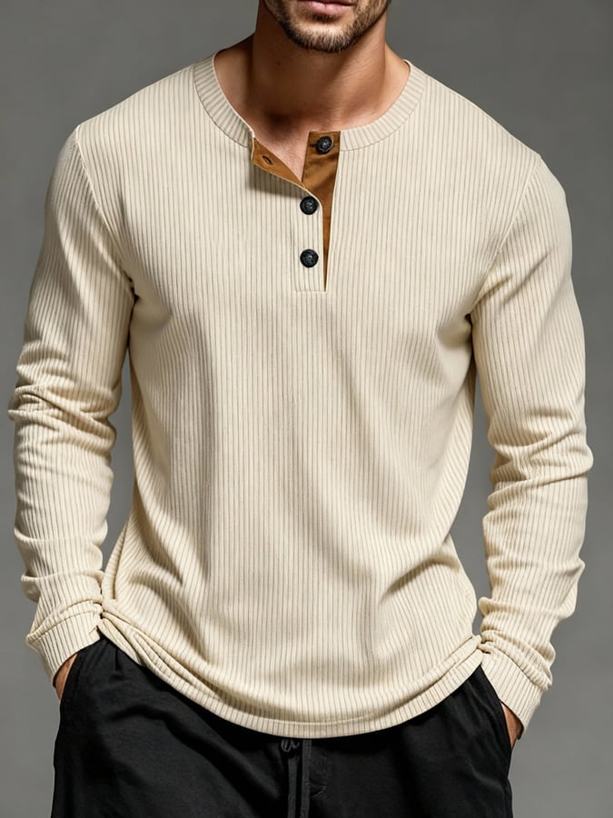 Camiseta pana casual Henley de manga larga para hombre