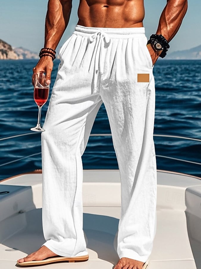 Pantalón Drawstring Elastic Waist Straight de color sólido Comfortable And transpirable para exterior Vacation Beach Vacation casual para hombre
