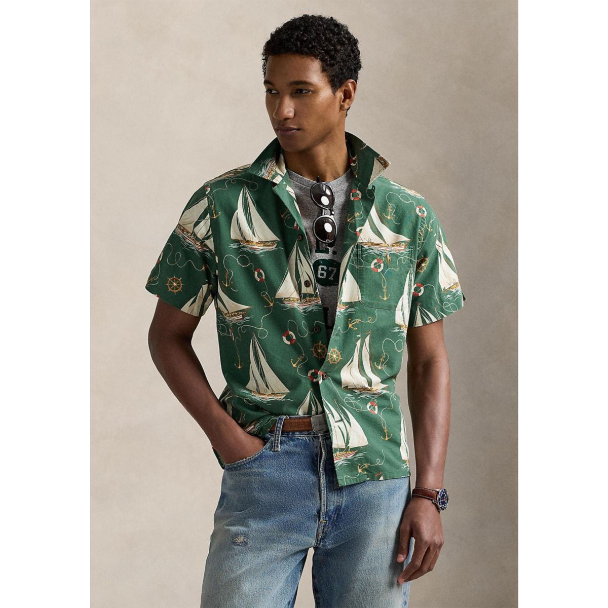 Classic Fit Sailboat Oxford Camp Shirt - 1