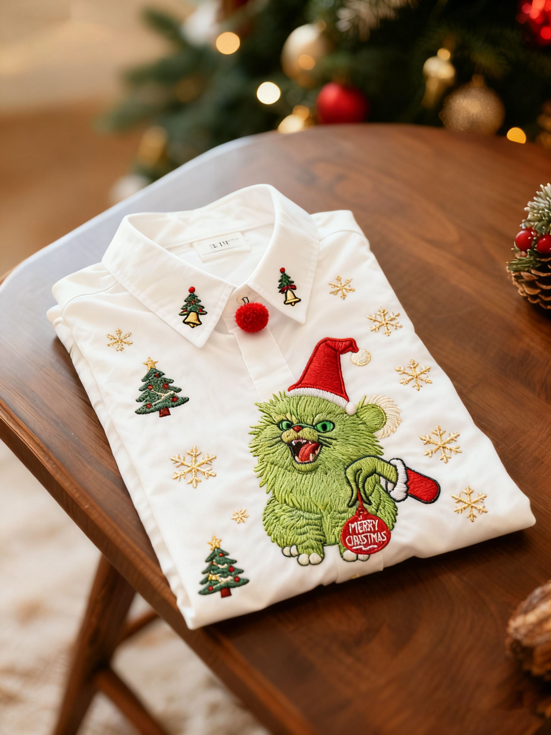 Camisa casual Christmas Green Fur Cat de manga larga para hombre