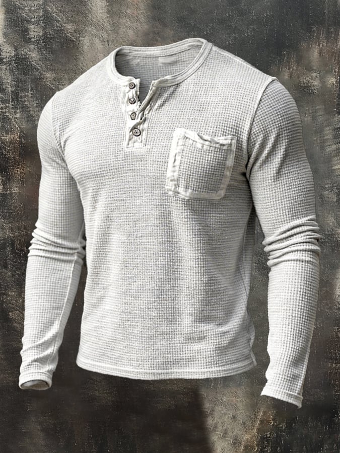 Retro desgastado Waffle casual Henley cuello de manga larga Top para hombre