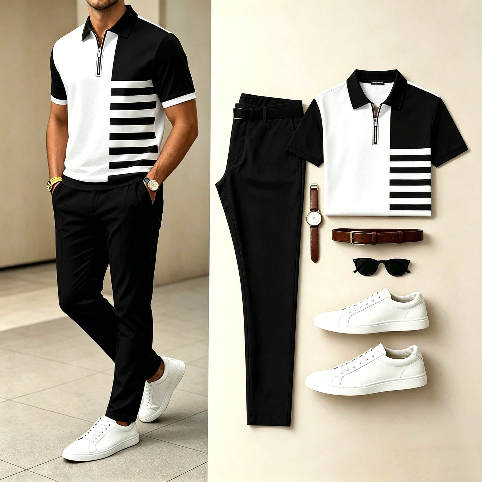 Conjunto de dos piezas casual estampado camisa polo And pantalón para hombre