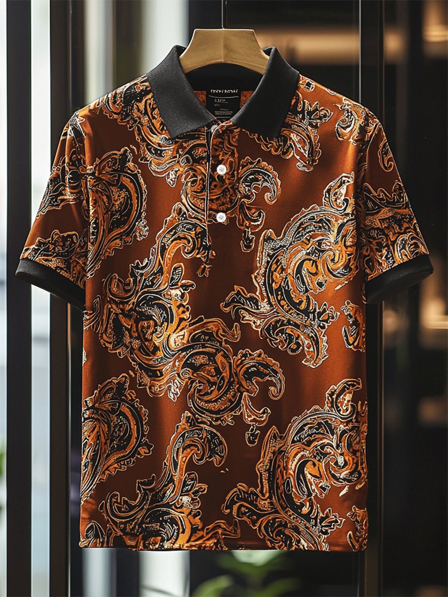 Camisa polo ejecutivo casual Paisley estampado Button de manga corta para hombre