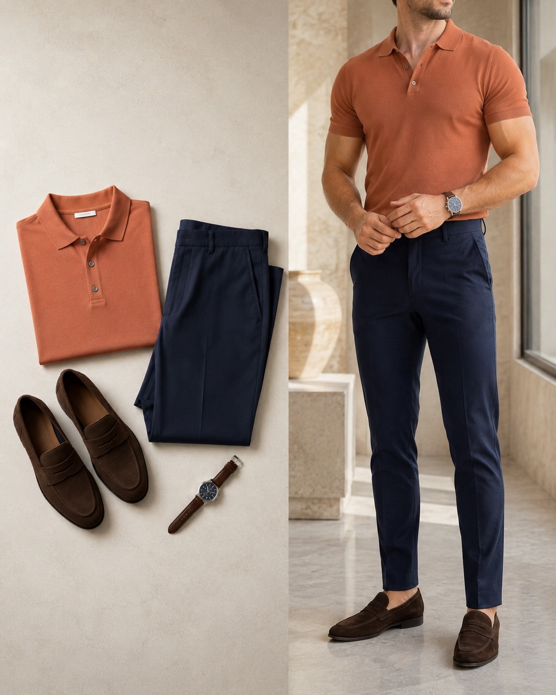 Conjunto de dos piezas casual Orange Color de manga cortas camisa polo & Jeans pantalón para hombre