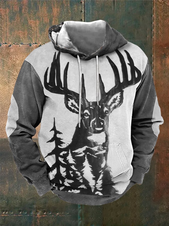 Sudadera retro Three-Dimensional Engraved Elk estampado Hooded para hombre