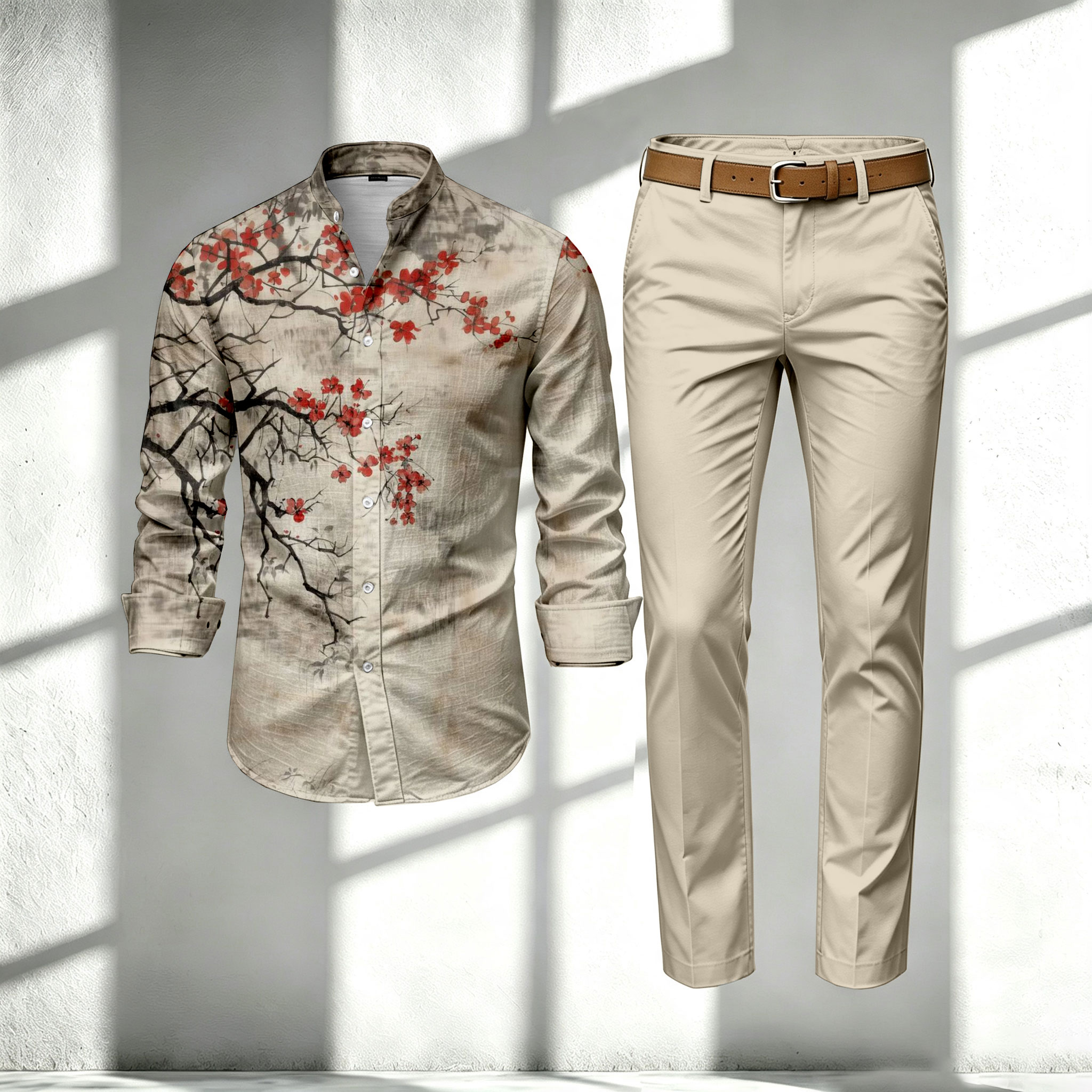 para hombre Plum Blossom Print Stand-Collar de manga larga camisa and pantalón Set