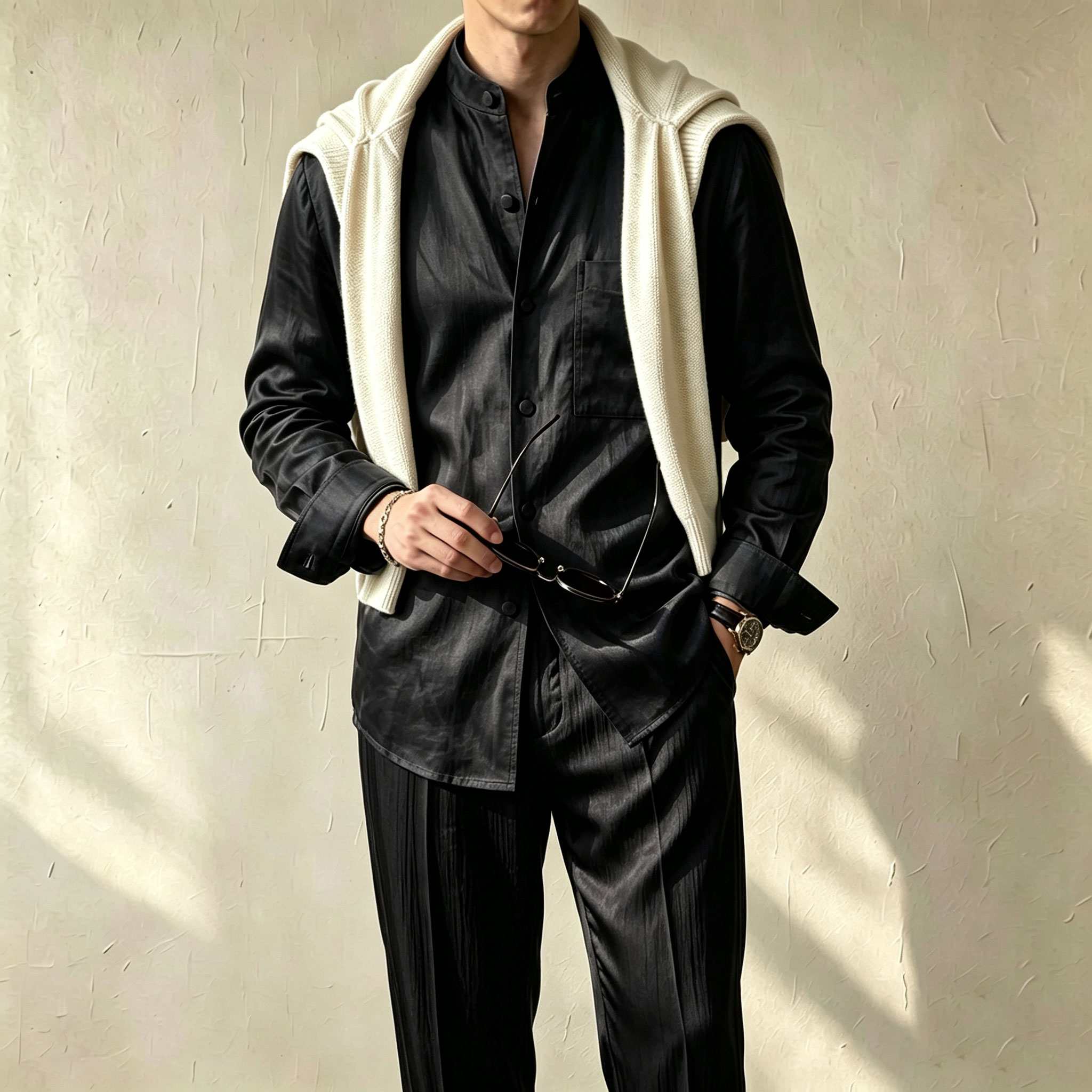 Conjunto de dos piezas casual Solid-Color estampado Stand-Collar de manga larga camisa and pantalón para hombre