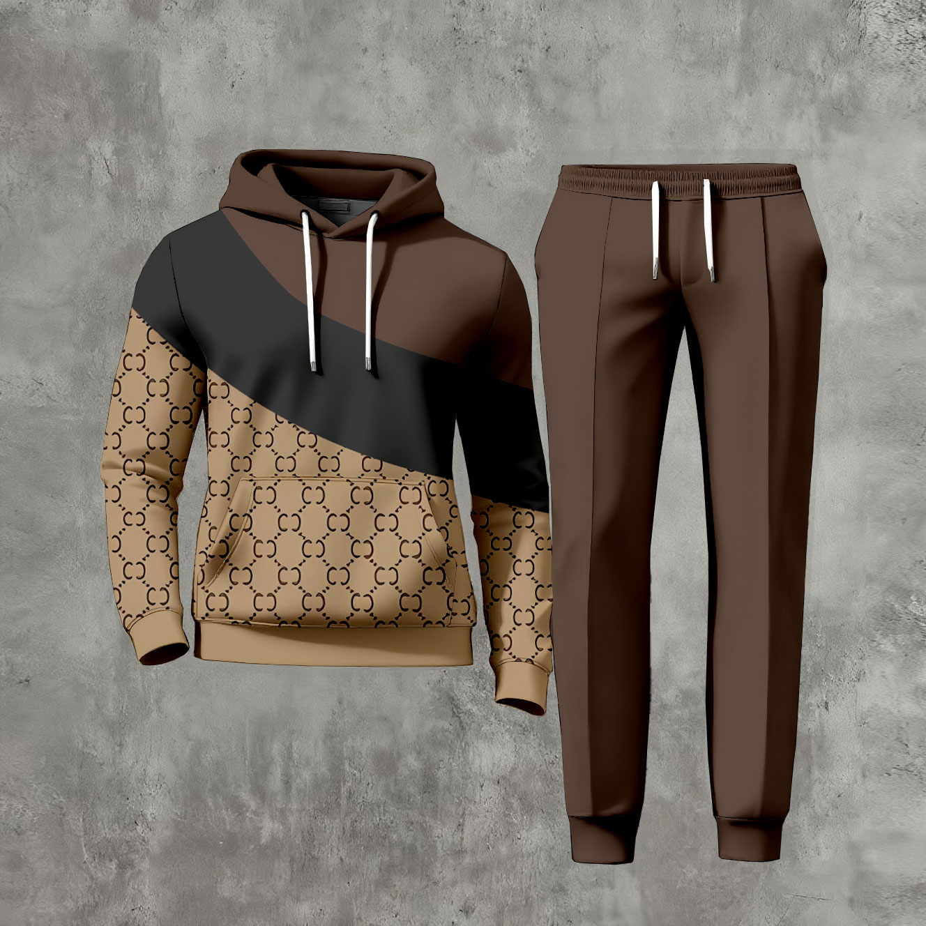 Conjunto de dos piezas casual Brown Color Matching estampado de manga larga sudadera con capuchas sudadera & Trousers para hombre
