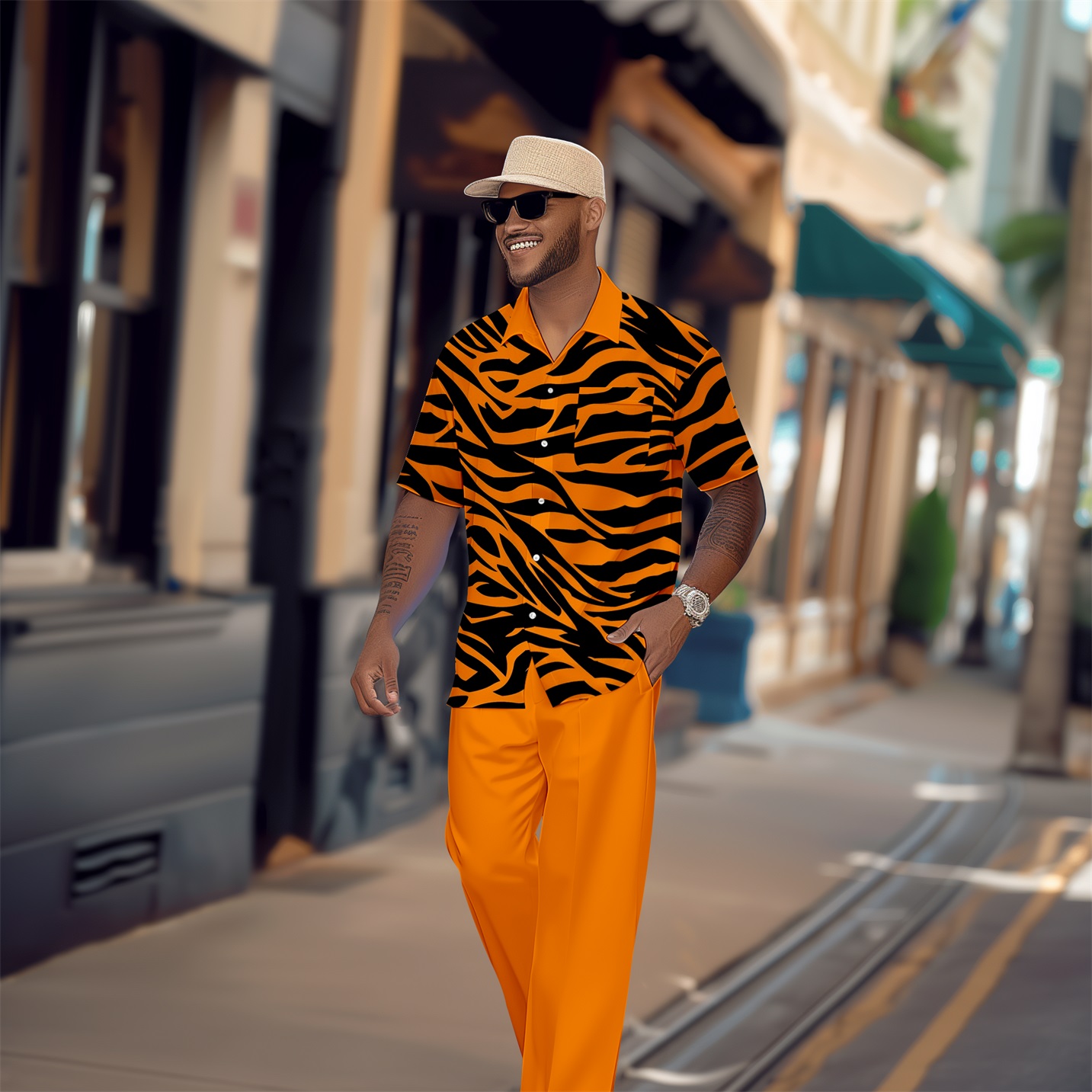 Camisa retro Tiger Pattern Colorblock de manga corta Walking Suit 1653 para hombre