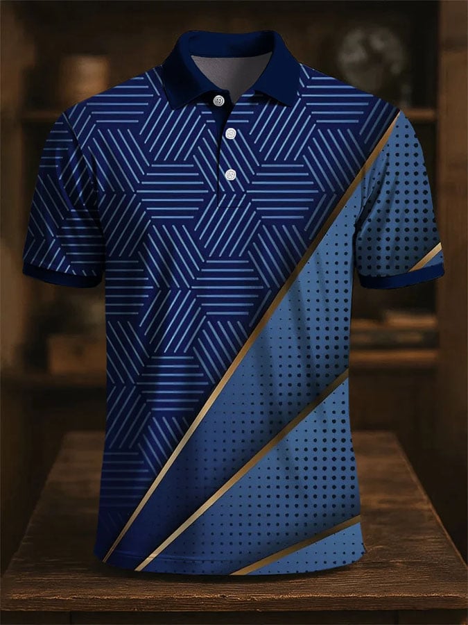 Camisa polo casual en bloques de color estampado de manga corta para hombre