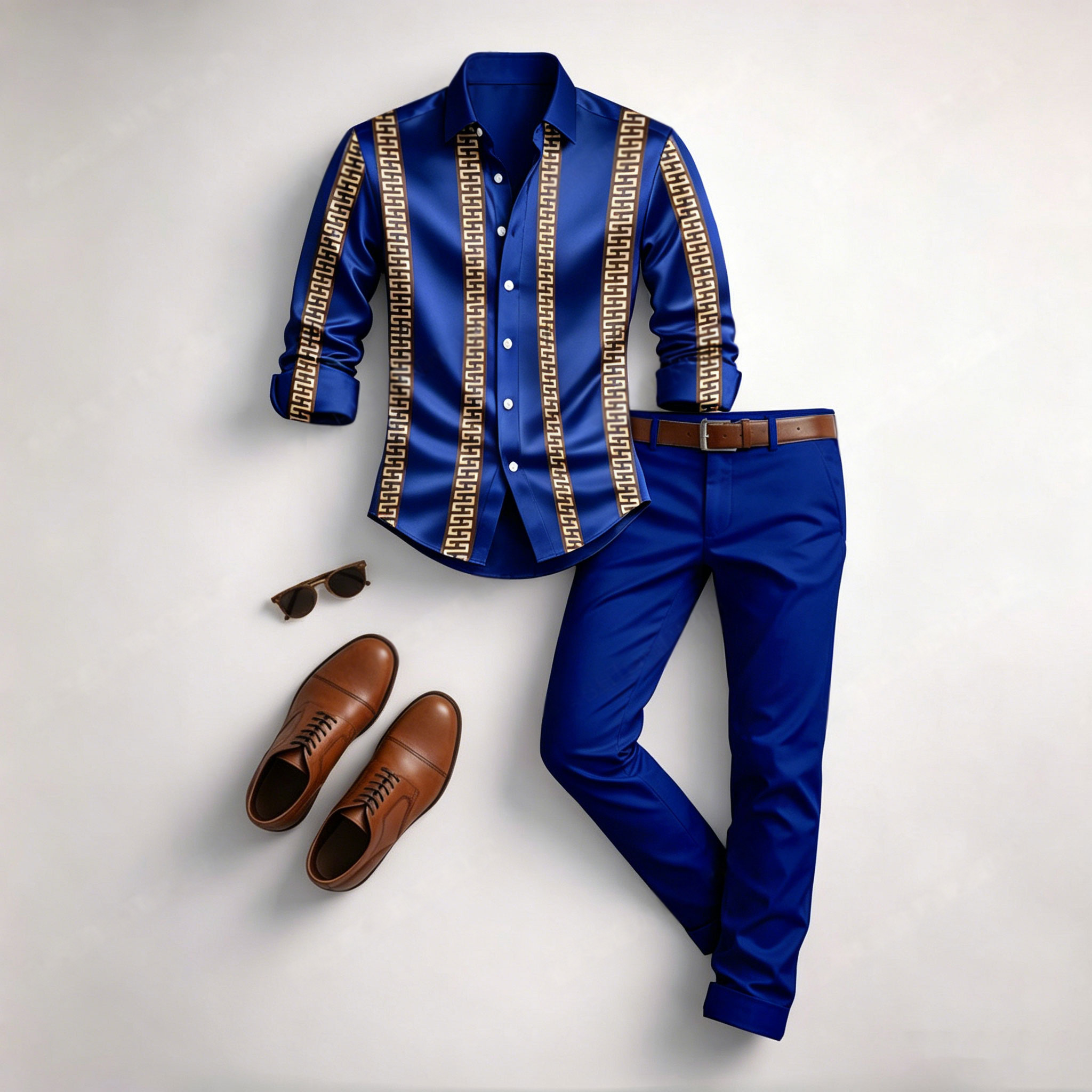 Conjunto de dos piezas casual Royal Blue Color Matching Geometric estampado de manga larga camisa & Trousers para hombre