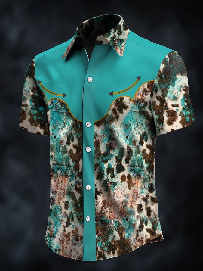 Camisa retro Western Contrast estampado de manga corta casual para hombre