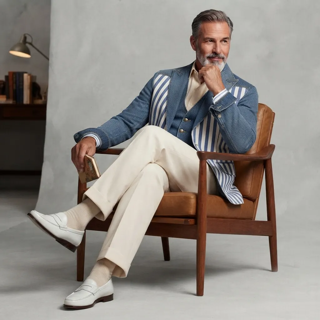 para hombre elegante Contrast a rayas Print Peak Lapel de corte entallado Denim sacos