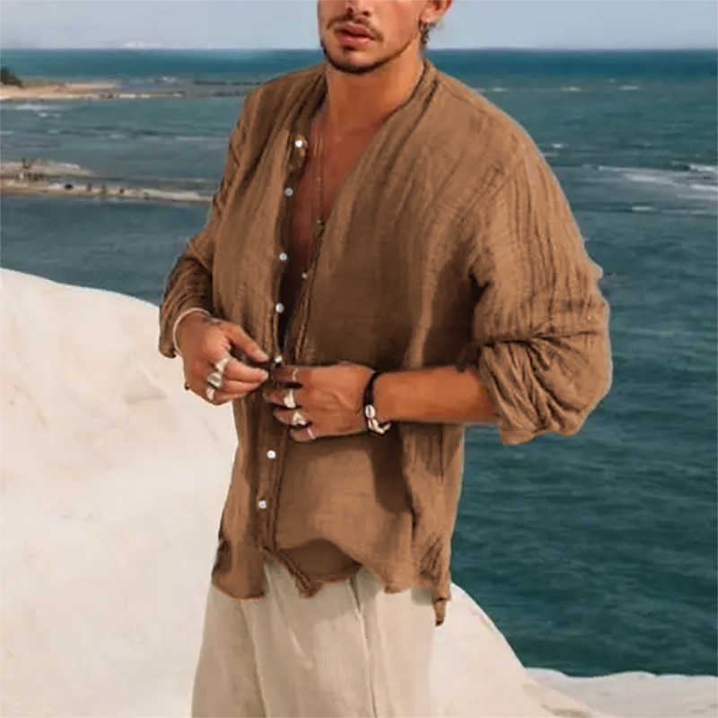 Camisa de lino Band cuello camisa Summer camisa Beach Wear Button Up camisa Plain Vacation casual Black Green Khaki Gray de manga larga Stand cuello Summer Spring Clothing Apparel para hombre - vista 7