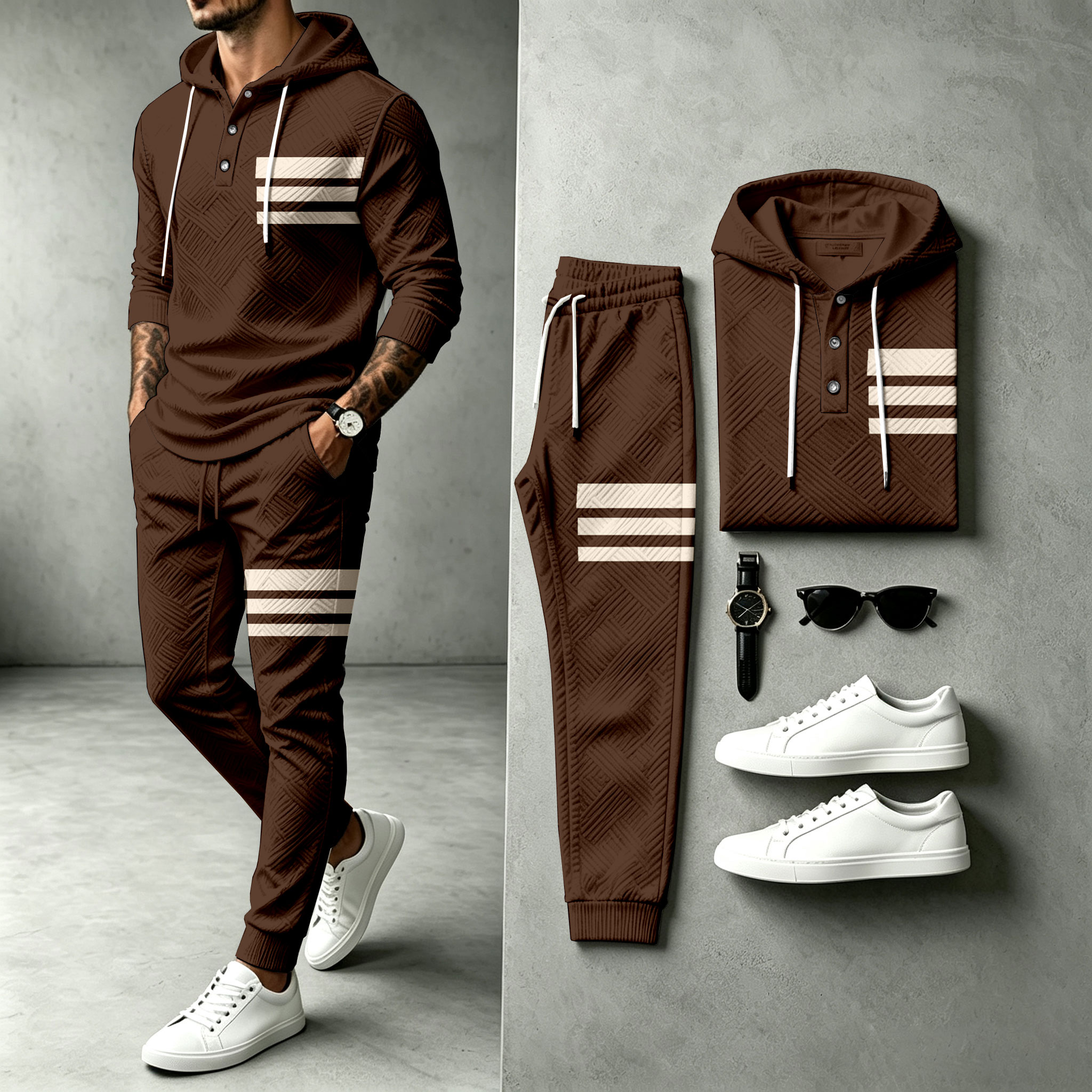 para hombre Brown Hooded Sweacamiseta and pantalón Set