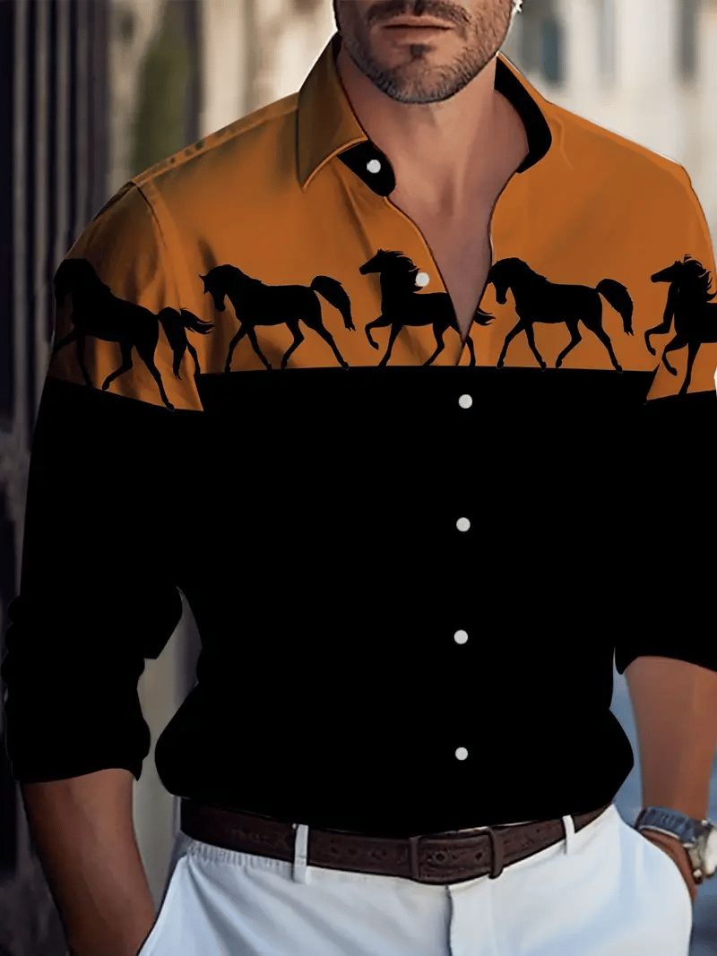 Camisa casual a rayas de manga larga solapa para hombre