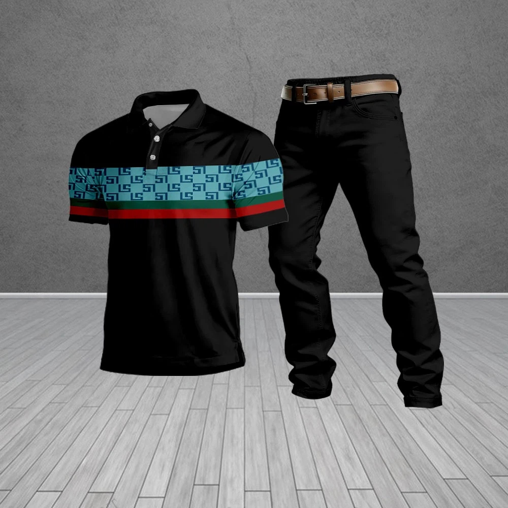 Conjunto de dos piezas casual Black & Blue a cuadros de manga corta camisa polo And Trousers para hombre