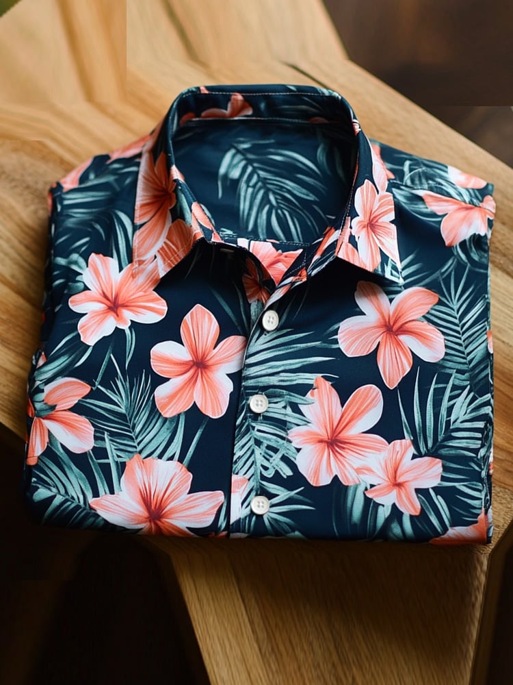 Camisa satén Luxe hawaiano floral Leaf estampado de manga corta Button para hombre