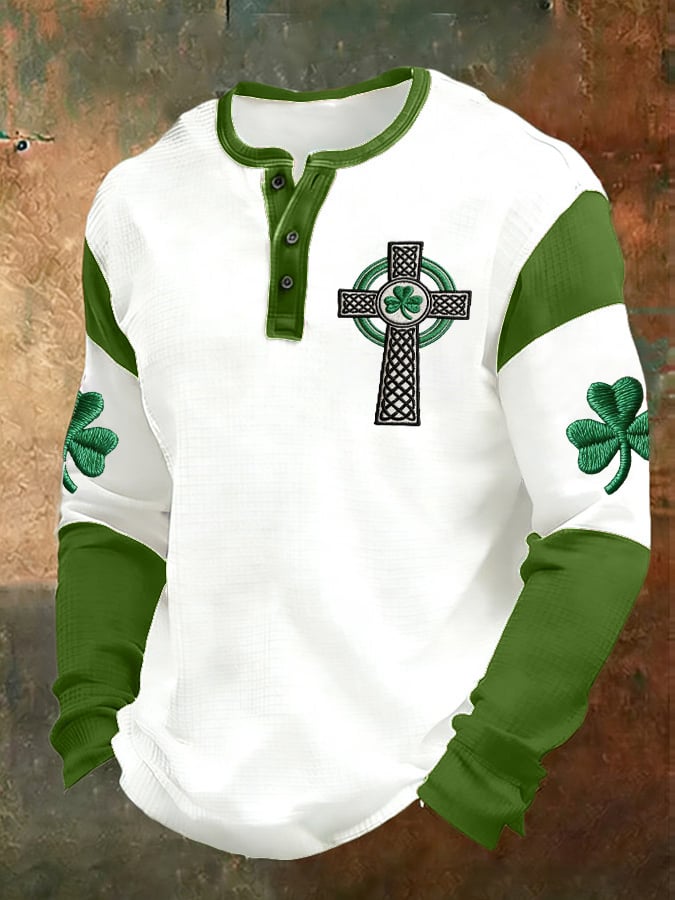 Camisa vintage St. Patrick's Day estampado Henley para hombre