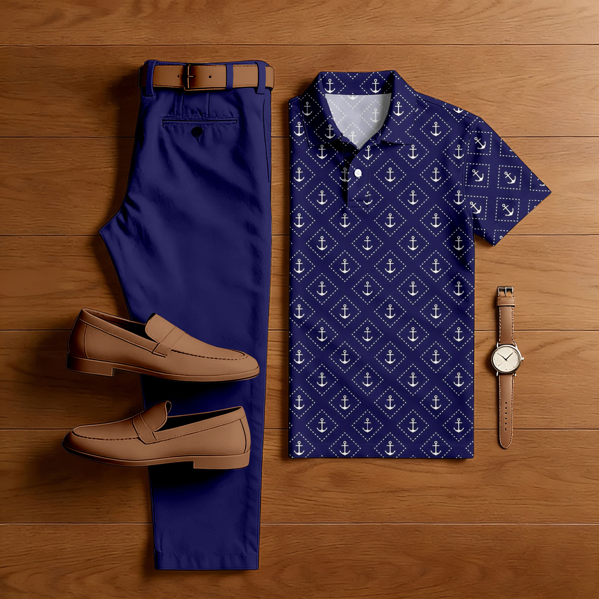 Conjunto de dos piezas casual Purple Color Matching Checkered estampado de manga corta camisa polo & Trousers para hombre