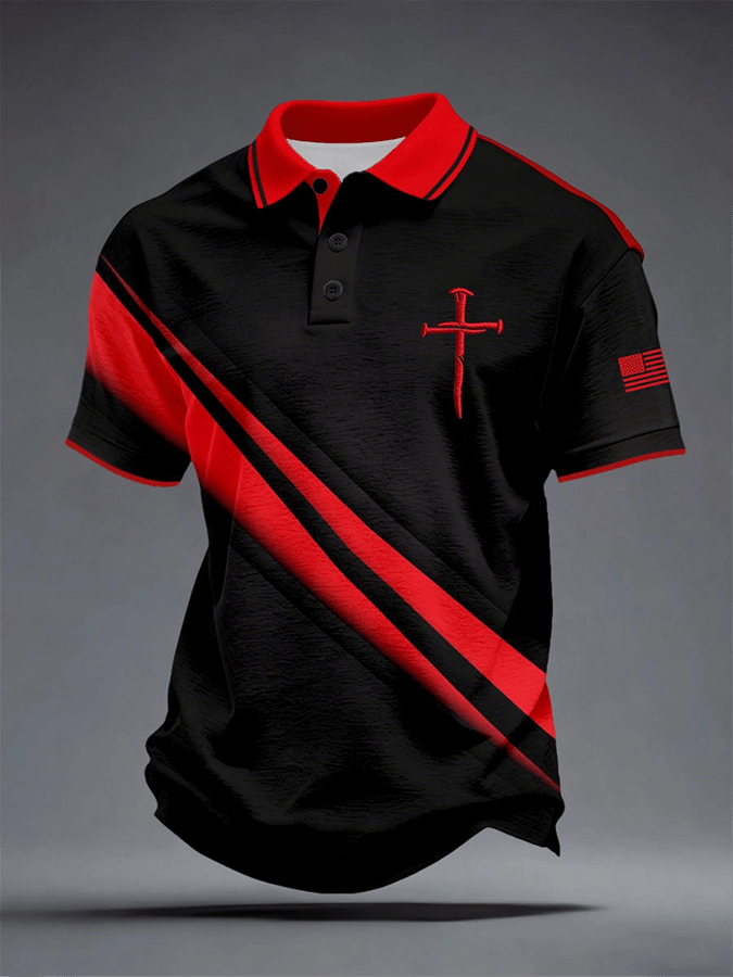 Camisa polo retro Faith Cross estampado casual para hombre