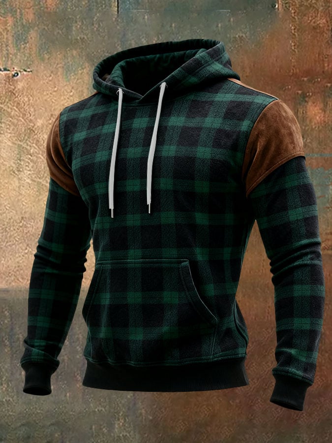 Sudadera casual retro a cuadros estampado de manga larga Hooded para hombre