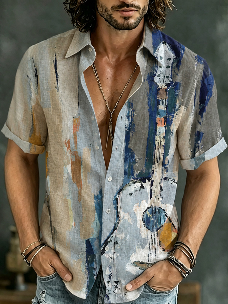 Camisa retro Hippie Pattern de manga corta de algodón de lino para hombre