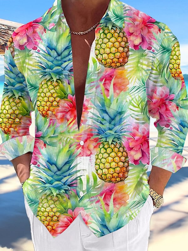 Camisa casual Hawaiian Pineapple estampado Lapel para hombre