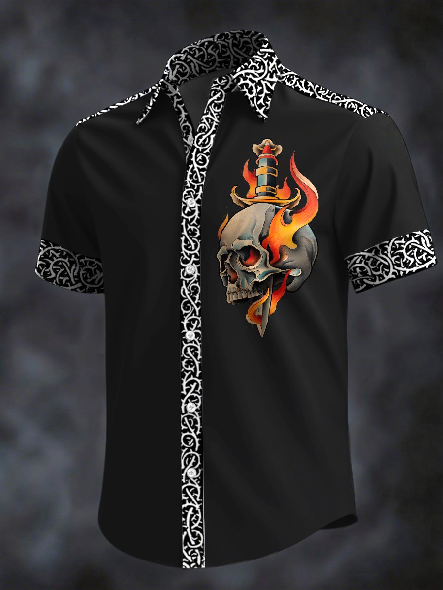 Camisa retro Horror Skull estampado solapa de manga corta para hombre