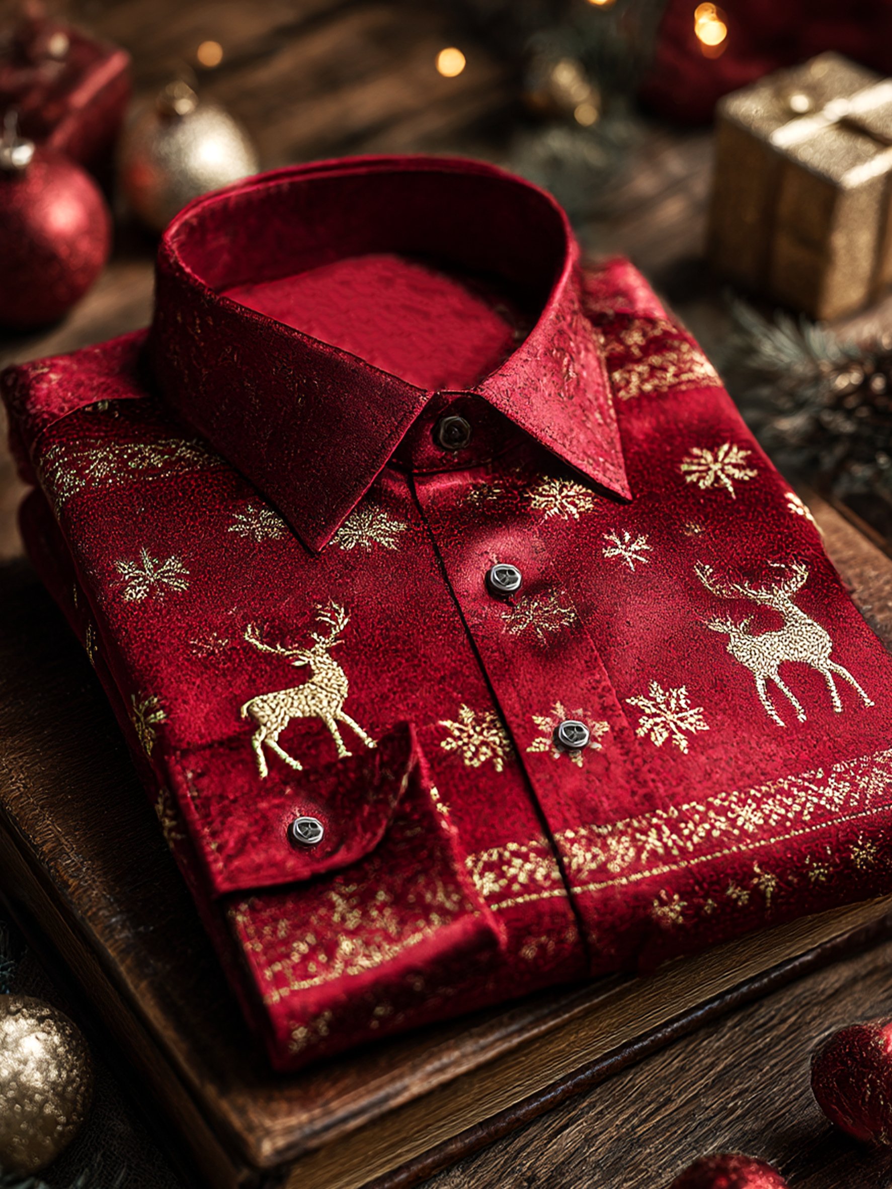 Camisa satén de lujo Christmas Party de manga larga con botones para hombre