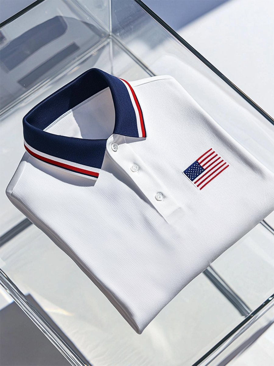 Camisa polo ejecutivo casual a rayas Independence Day Button de manga corta para hombre