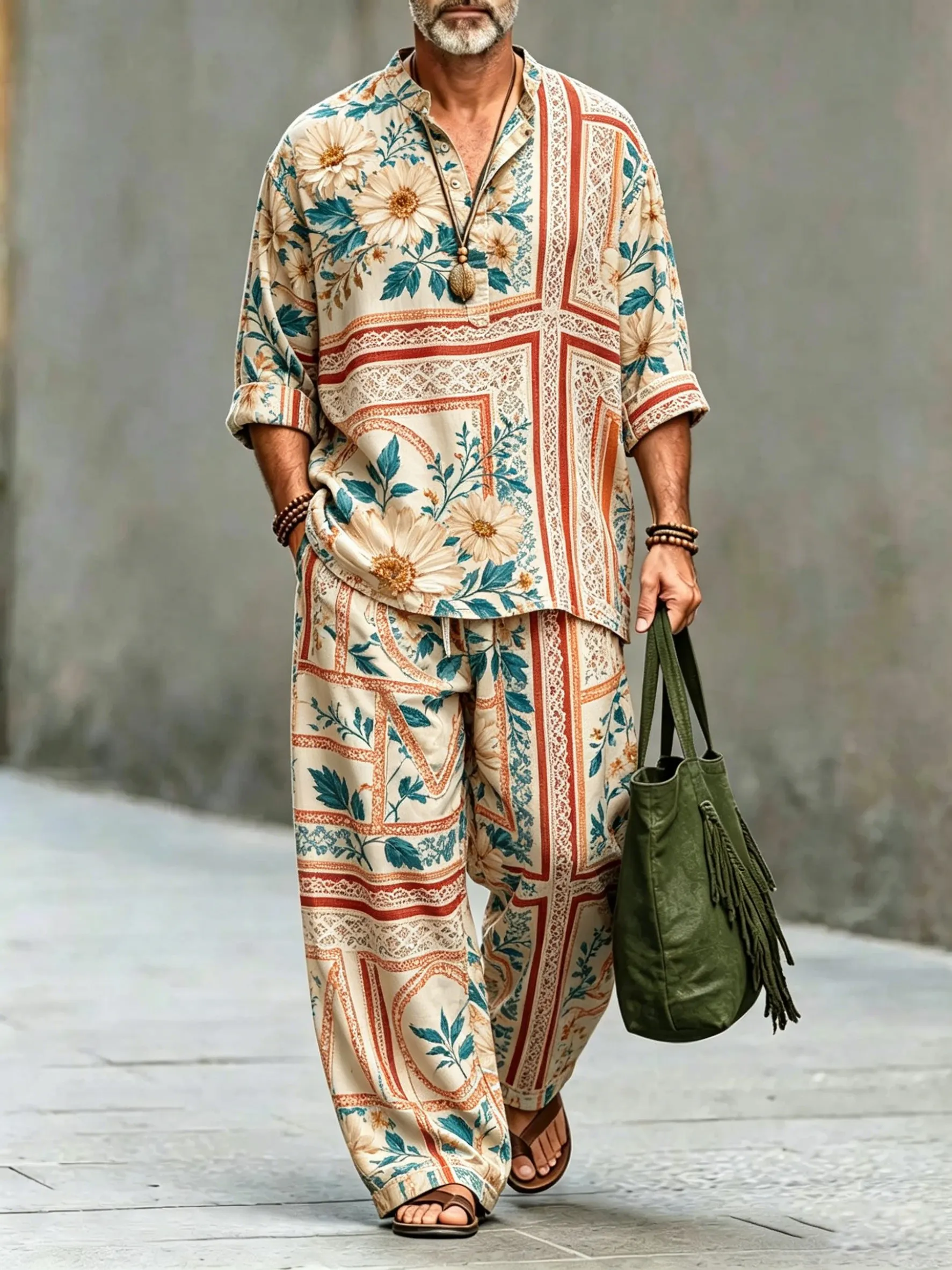 para hombre vintage Abstract Art estampado de algodón camisa Set (Top & pantalón)