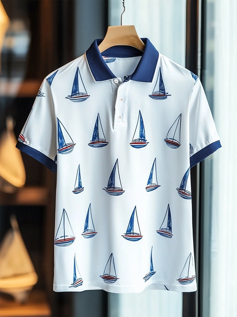 Camisa polo casual ejecutivo Sailing estampado Button de manga corta para hombre