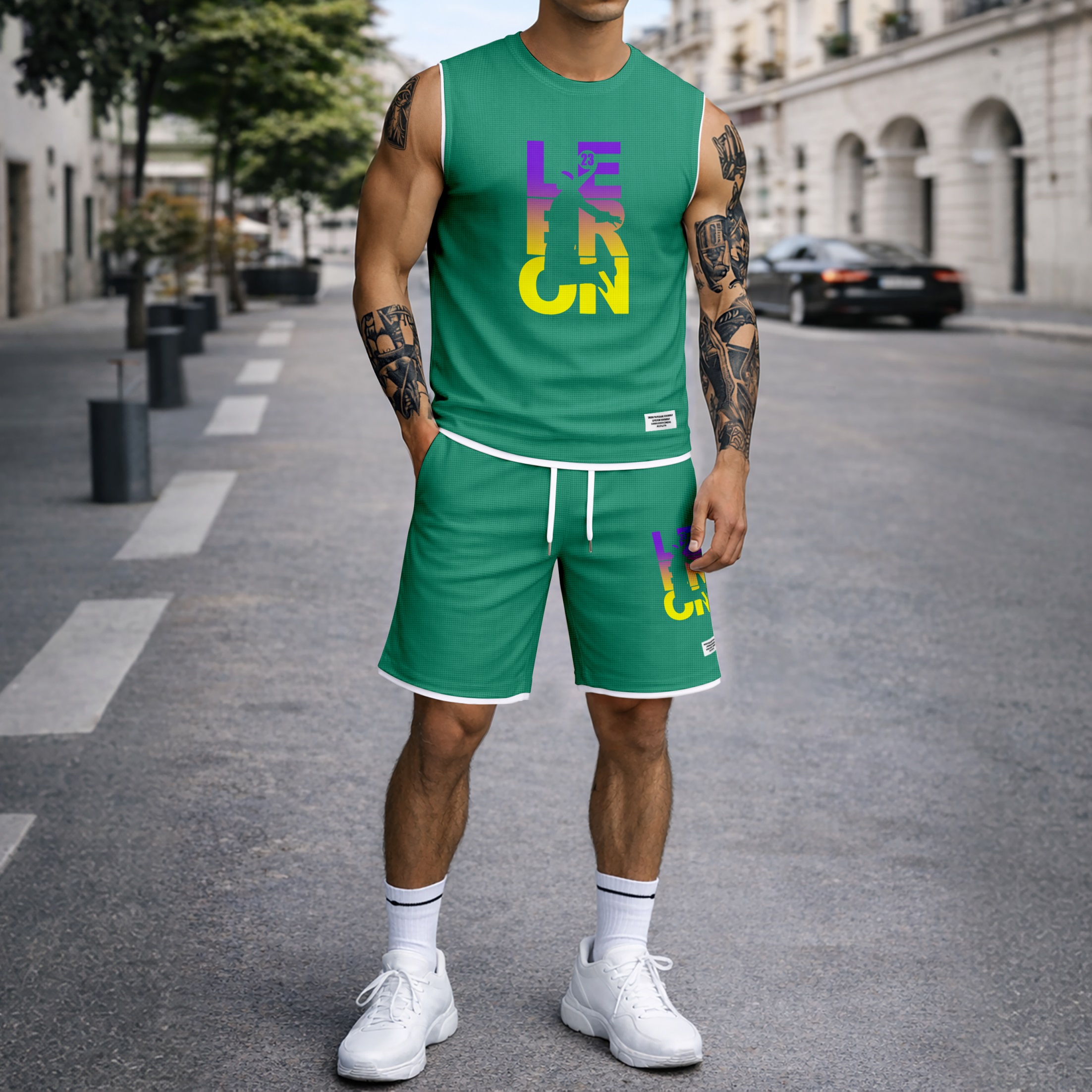 Shorts Basketball Gradient Letter Graphic estampado Summer Set Sleeveless Tank Top & Matching Outfit, Lightweight casual Streetwear Athletic Set for Everyday & Holiday para hombre