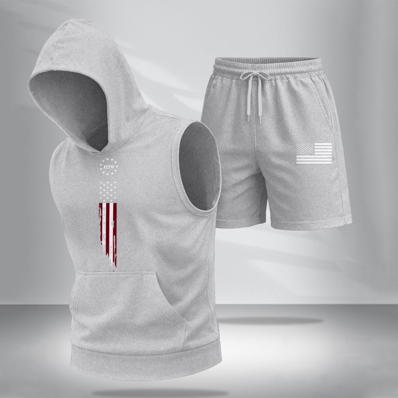 Conjunto de dos piezas American Flag estampadoHooded Tank Top & shorts Set, Regular Fitcasual Athletic de moda Activewear SleevelessTop & shorts, Summer Clothes para hombre