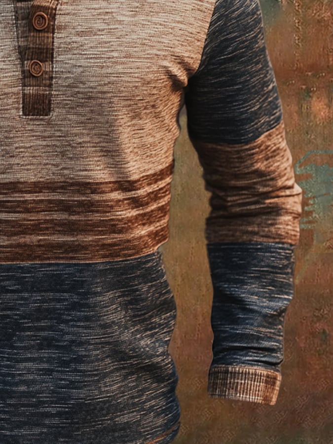 Retro en bloques de color de manga larga Henley para hombre