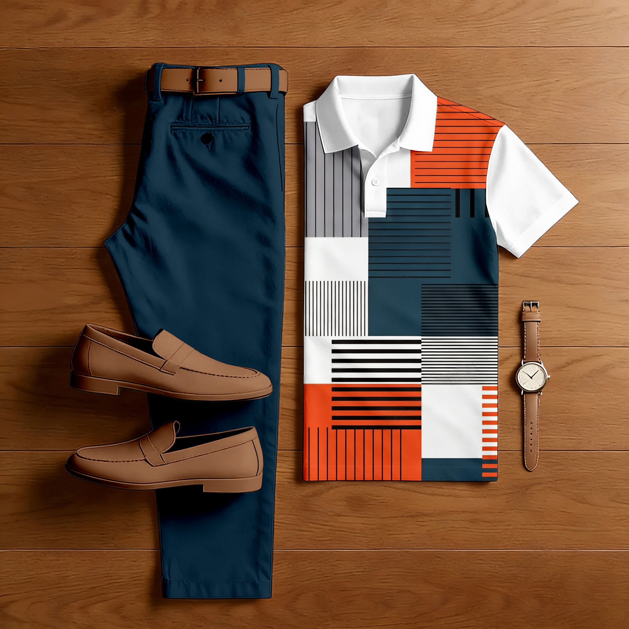 Conjunto de dos piezas casual Color-Blocked Geometric estampado camisa polo And pantalón para hombre