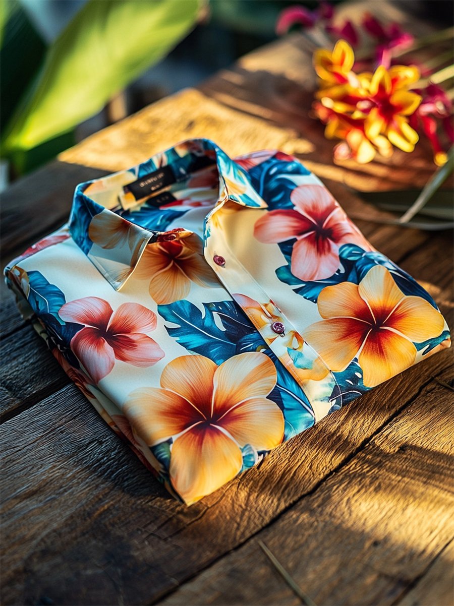 Camisa satén Luxe hawaiano estampado de manga corta Button para hombre