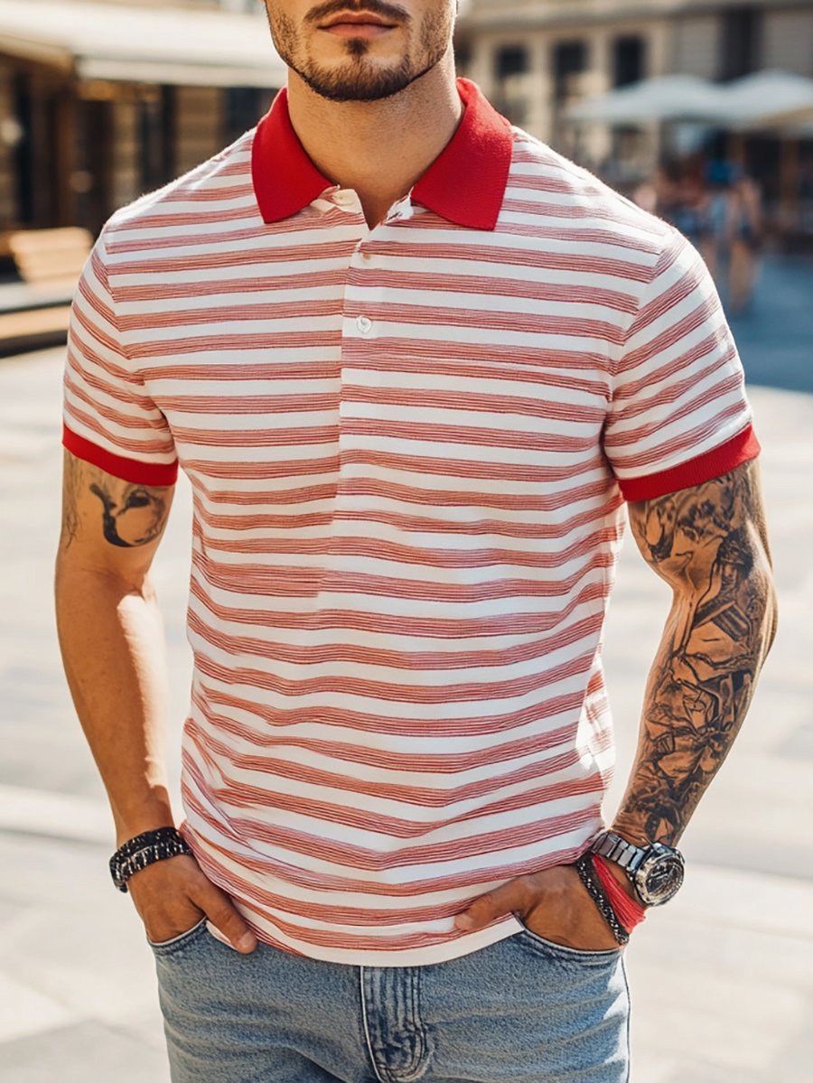 Camisa polo ejecutivo rayas Logo con botones de manga corta para hombre