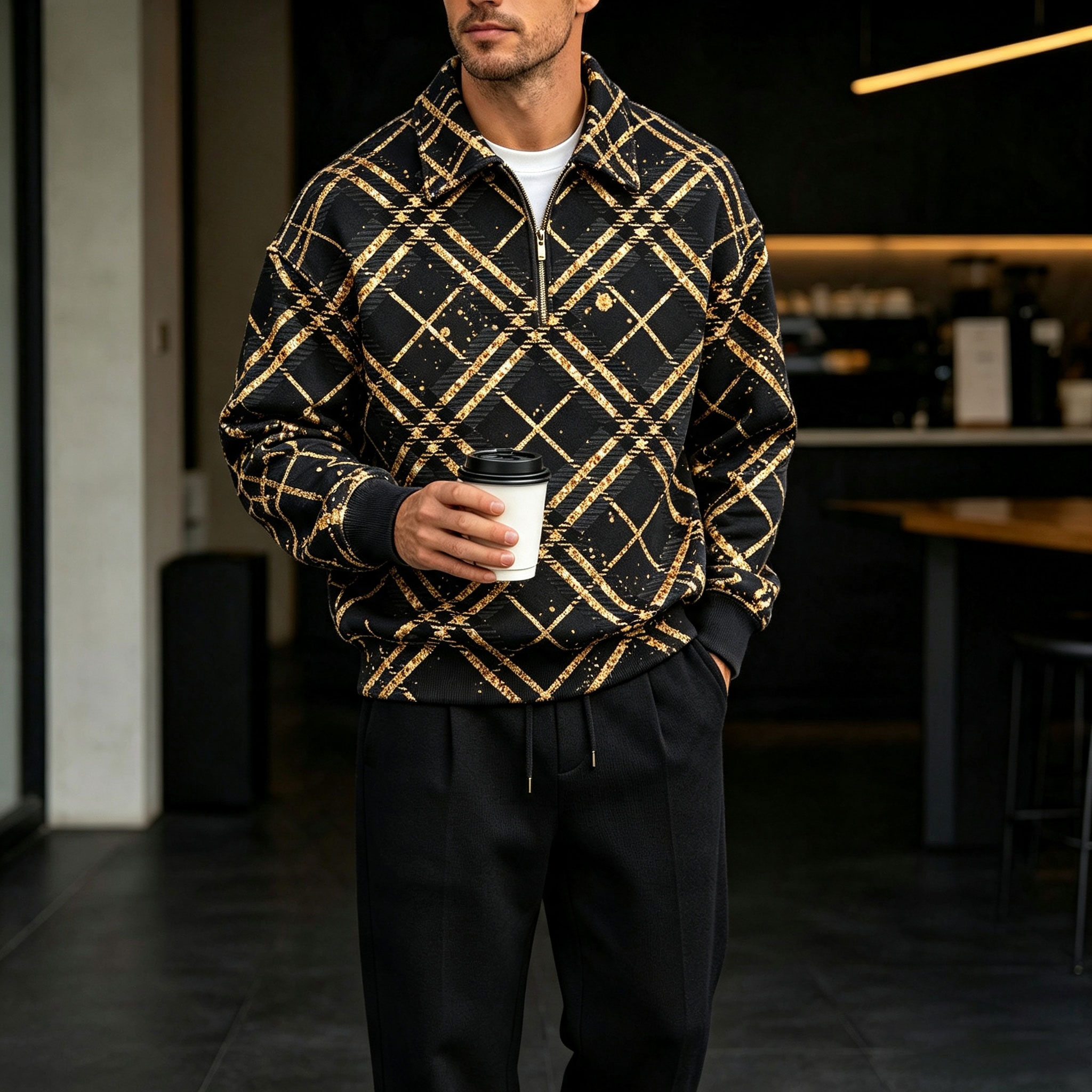 para hombre Diamond-Patterned Zipper camisa polo and pantalón Set