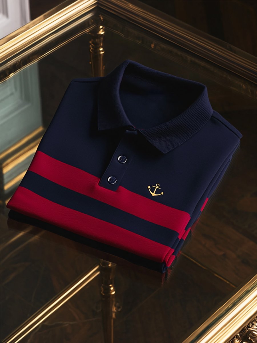 Camisa polo ejecutivo rayas Logo con botones de manga corta para hombre