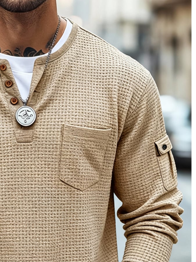 Camiseta vintage tejido tipo waffle Faux Two-Piece de manga larga with bolsillos para hombre