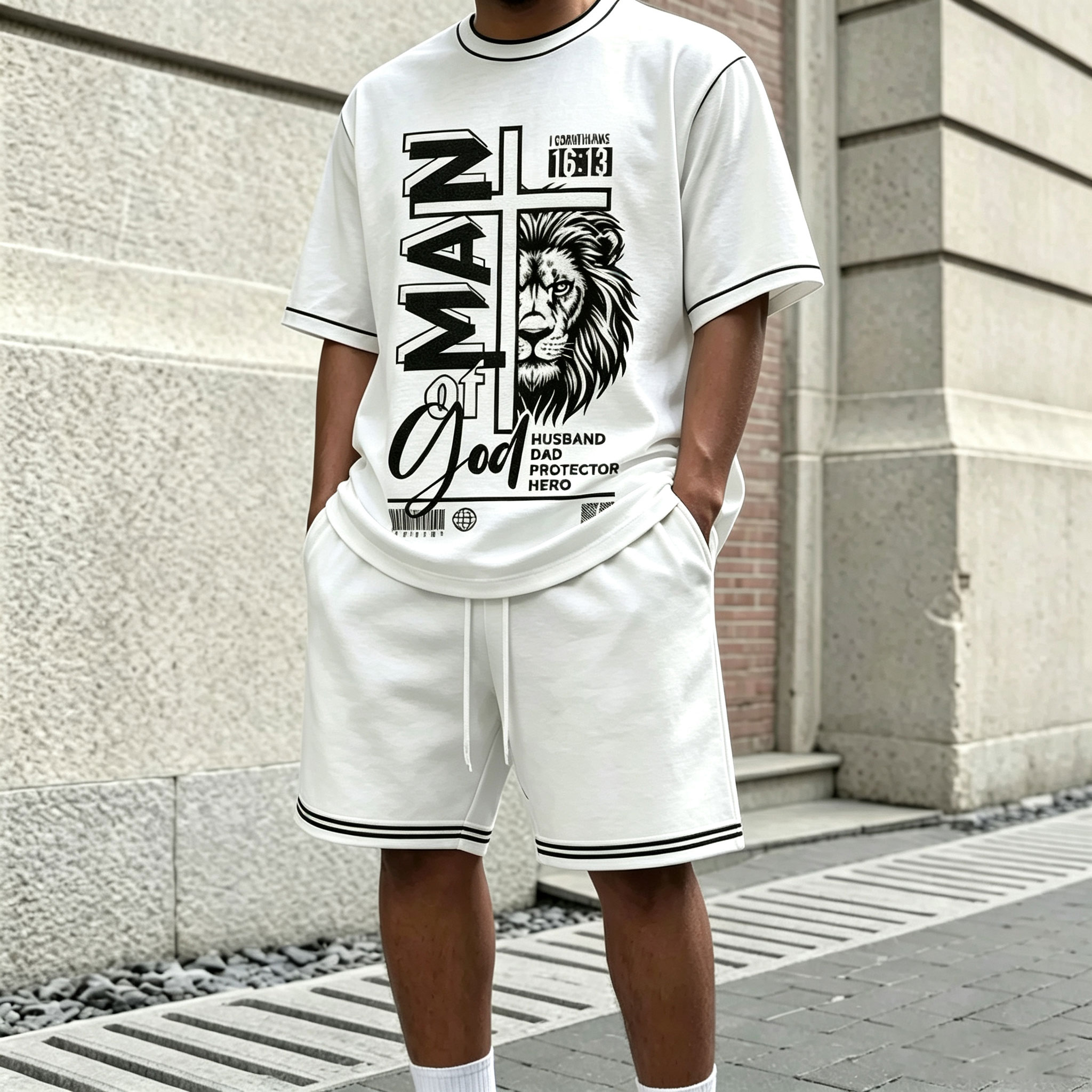 Conjunto de dos piezas casual Letter-estampado Lion-Patterned Round-Neck de manga corta camiseta and shorts para hombre