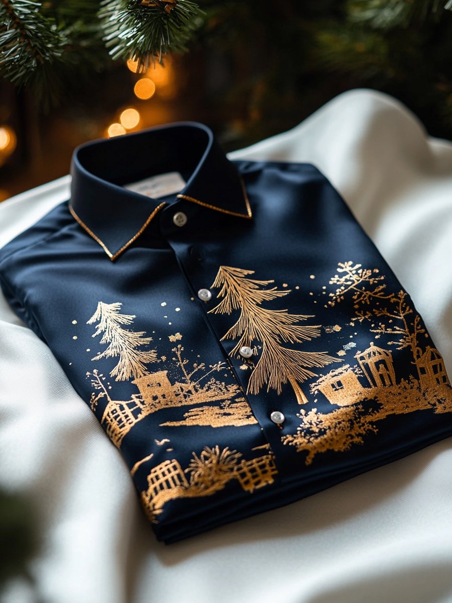 Camisa Christmas ejecutivo de lujo Tree de manga larga para hombre